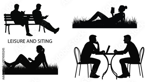 Silhouettes of people sitting and relaxing in various outdoor and indoor settings reading