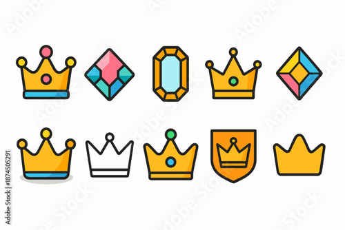 Crown and jewelry flat icon set. Royal, crown, diamond, jewelry, icons flat collection.
