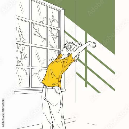 Young person stretching by a window, morning light, minimalist illustration, feeling refreshed and awake