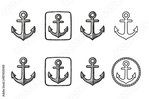 “Nautical anchor line icon set. Maritime, sea travel symbols outline collection”