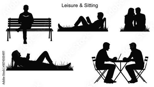 Silhouettes of people sitting and relaxing in various outdoor settings leisure