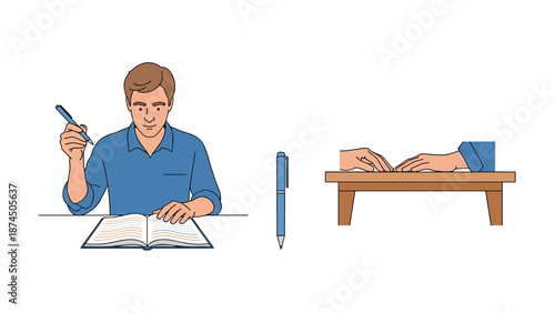 A thoughtful man sits at a desk, holding a pen and contemplating while looking at an open notebook, ready to write.