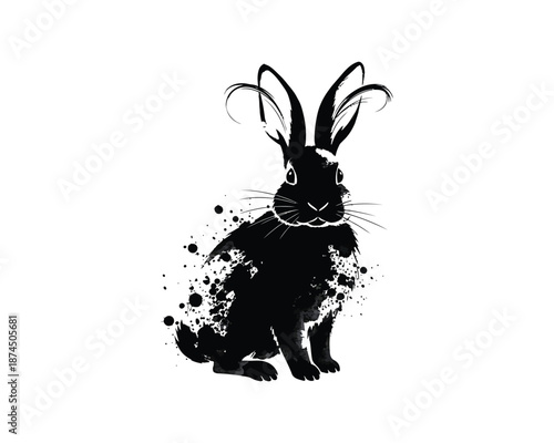 Black ink wash rabbit silhouette easter Sunday, vector illustration