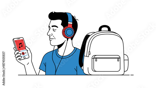 This engaging illustration shows a young man enjoying music through headphones on his smartphone while sitting, with travel accessories nearby.