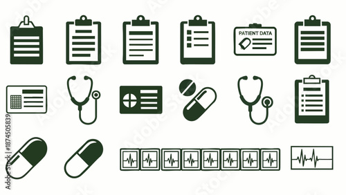 Medical Icons Set: Stethoscope, Clipboard, Pills, Patient Card, EKG - Healthcare and Science Symbols