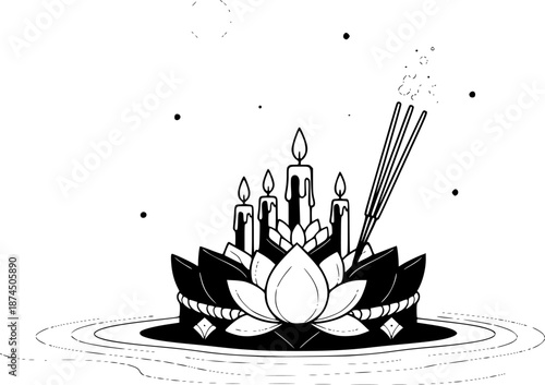 Loy Krathong Festival Black and White Vector