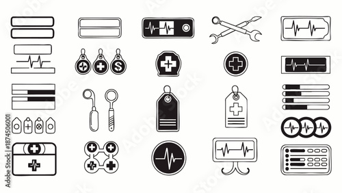 Medical Icons and Symbols Set: Heartbeat, ECG, Stethoscope, Cross, First Aid Kit, Wrench, Progress Bars, Data List