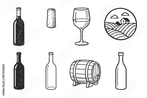 Wine and vineyard outline icon set: bottle, glass, cork, vineyard scene icons