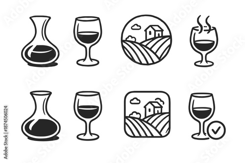 Wine and vineyard outline icon set. Wine-making, vineyard icons collection.