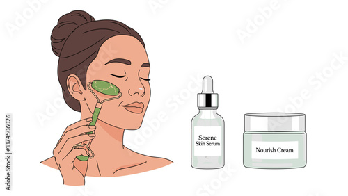 A young woman uses a jade facial roller on her cheek, with a serum bottle and cream jar, depicting a complete skincare routine.