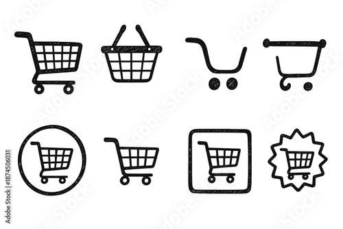 Shopping cart silhouette icon set. Retail, purchase, online shopping silhouette collection