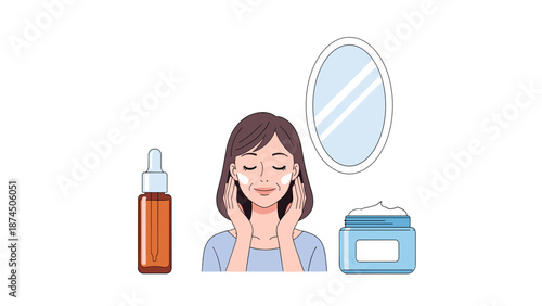 A woman applies facial cream after using a serum, with a mirror reflecting her face, symbolizing a complete skincare routine focused on hydration and rejuvenation for healthy, youthful-looking skin.