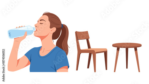 A woman drinks water from a bottle while sitting next to a modern wooden chair and a small stool, suggesting hydration and a moment of refreshment after physical activity or during a break.