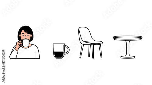 A person drinks from a mug while standing, with a modern chair and a small table nearby, suggesting a simple moment of refreshment or a quick pause during daily activities.