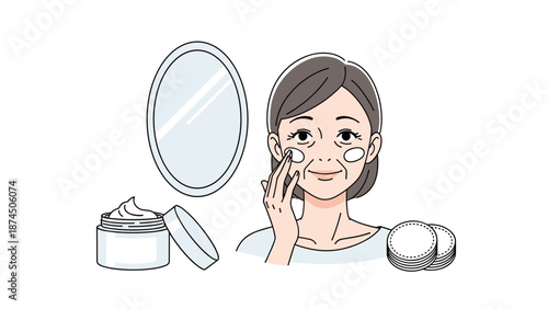 An elderly woman applies facial cream to her skin, accompanied by an oval mirror and two cream jars, for her anti-aging routine.