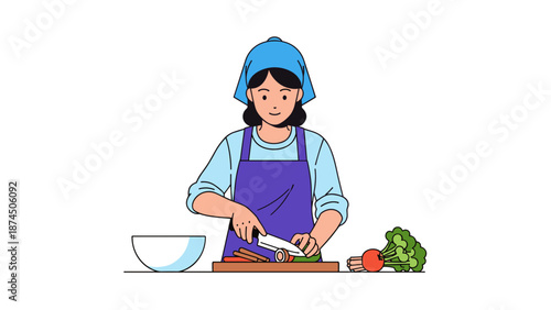 A young woman chops fresh vegetables on a cutting board with a knife, preparing a healthy meal, with a bowl and broccoli nearby.