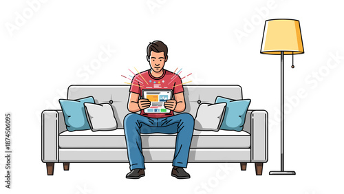 A young man relaxes on a modern sofa, reading a digital tablet, with a stylish floor lamp nearby, isolated on white.