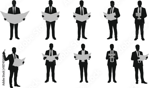 Business silhouettes, corporate people, office workers, reading documents, holding pa