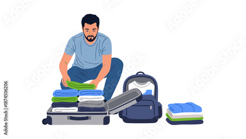 A man carefully folding clothes and packing them into a suitcase and backpack preparing for a journey or vacation representing travel and organization