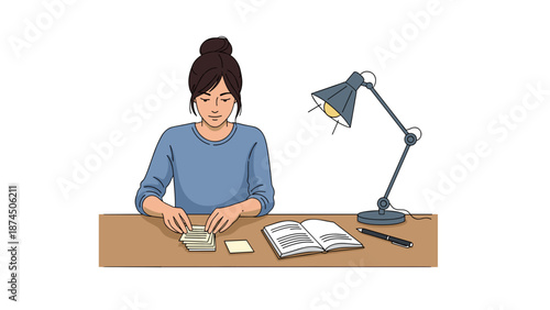 A young woman with her hair in a bun sits at a desk illuminated by a desk lamp working on a craft project with various supplies spread out before her.