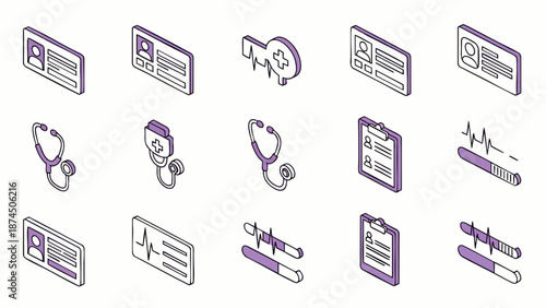 Set of isometric medical icons: ID cards, stethoscopes, ECG, blood pressure monitor, clipboard, and key with cross