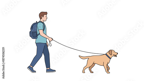 A young man with a backpack is cheerfully walking his yellow Labrador retriever dog on a leash, enjoying an outdoor activity together, showcasing pet ownership, companionship, and a healthy lifestyle.