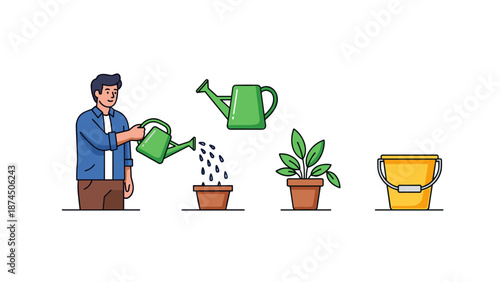 A man carefully waters a small potted plant using a green watering can, illustrating the growth process from seedling to mature plant.