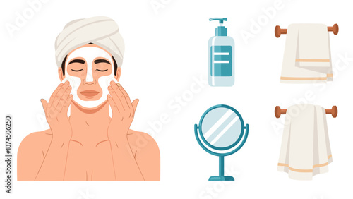 A man with a towel wrapped around his head is performing a face cleansing routine, surrounded by skincare products and bathroom essentials.
