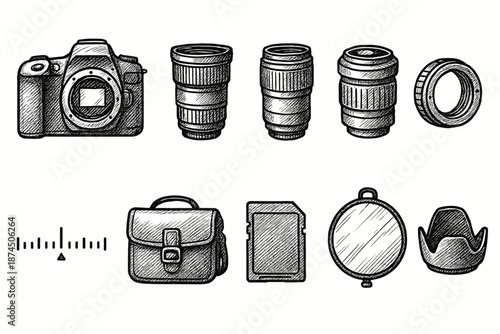 Photography equipment sketch icon set. Camera, lens, accessories outline collection