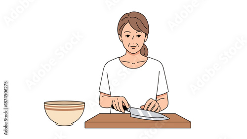 A woman with brown hair, wearing a white shirt, is meticulously chopping ingredients on a wooden cutting board with a sharp kitchen knife.
