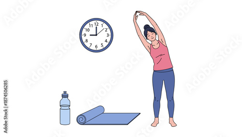 A woman stretches her body gracefully, reaching upwards in an exercise pose, with yoga equipment and a wall clock indicating a scheduled workout.