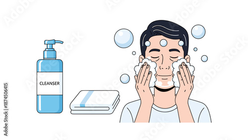 A man is washing his face with foamy cleanser, with a bottle of cleanser and a neatly folded towel nearby, portraying a personal grooming routine and the act of refreshing one's skin.