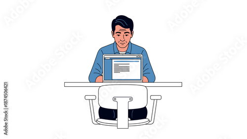 A man is diligently working on his laptop at a desk, seated in an office chair, indicating productivity, remote work, or study in a professional or academic environment.