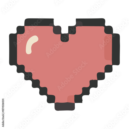 Digital red heart symbol in pixel art style. Creative 8-bit vector illustration for Valentine's Day, retro video game UI design, or romantic wedding pixelated graphics. Isolated on white background.