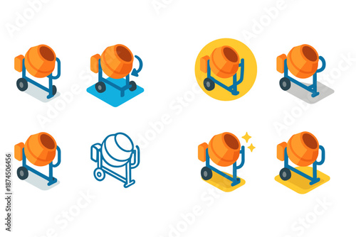 Construction, machinery flat icon set. Concrete mixer, industrial equipment icons collection.