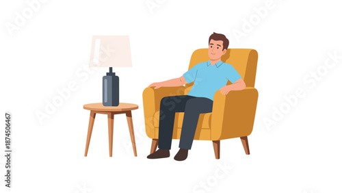 A man is seated in a comfortable yellow armchair next to a small wooden side table with a table lamp, embodying a moment of relaxation, contemplation, or leisure in a home setting.