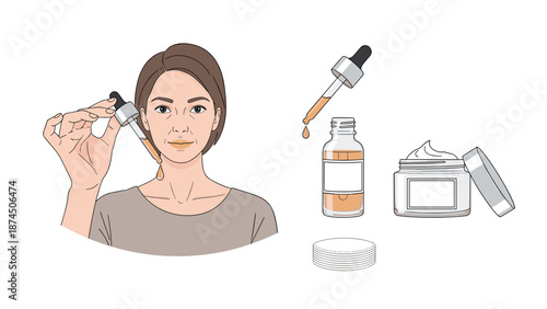 A woman is applying a serum or liquid skincare product to her face with a dropper, with bottles of serum and cream nearby, showcasing a routine of facial skincare and beauty treatments.
