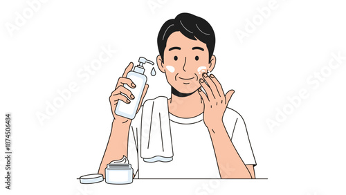 A man applies face cream to his cheeks, holding a cleanser bottle, with a towel draped over his shoulder and a cream jar nearby.