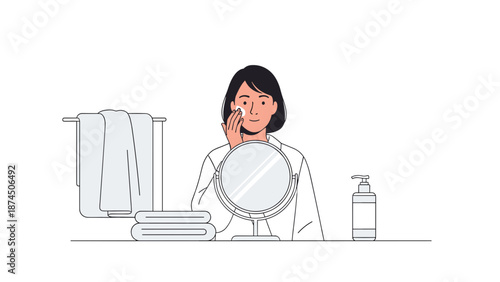 A young woman with dark hair applies skincare products to her face while looking in a mirror, surrounded by towels and a dispenser bottle, embodying a serene morning routine and personal grooming.