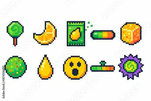 Candy and sweets pixel art icon set. Lollipop, gummy, pixelated treats in flat style