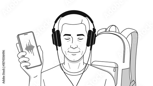 An older man with closed eyes and a content smile wears large headphones, holding a smartphone displaying a soundwave, suggesting he is enjoying music or a podcast while traveling or relaxing.