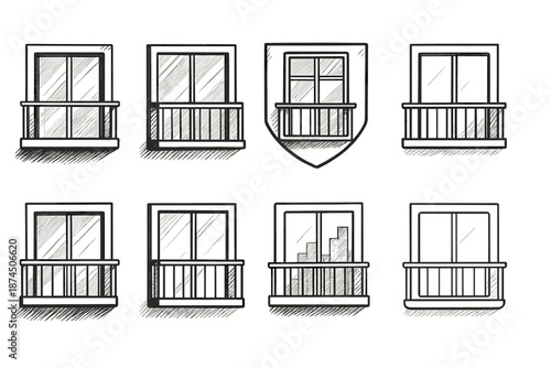 Window, balcony outline icon set. Architectural, building feature linear icon collection