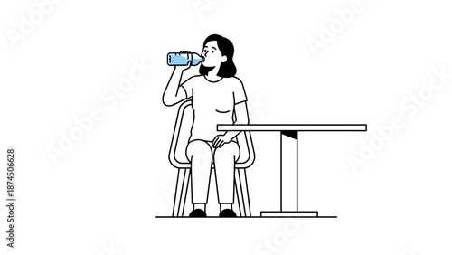 A young woman with dark hair, wearing a casual t-shirt, is seated comfortably at a simple table, taking a refreshing drink from a water bottle.