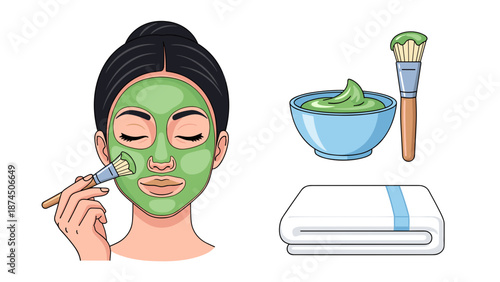 A beautiful woman with closed eyes applies a refreshing green face mask, accompanied by a bowl, brush, and folded towel, illustrating a relaxing beauty routine.