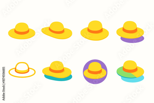Hat styles icon set. Flat, colorful collection of various hat designs