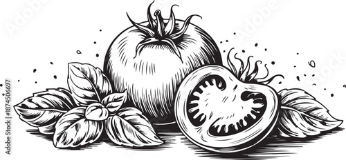 Tomato with basil leaves vector drawing. Whole and sliced tomatoes with basil branch sketch. 