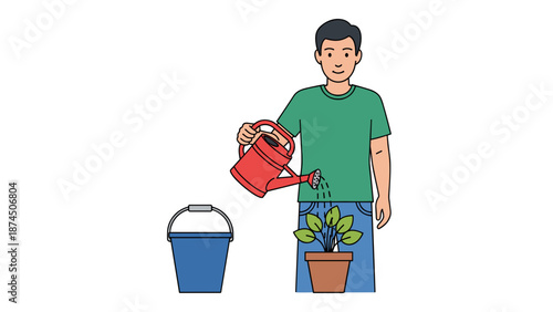 A cheerful man is watering a small potted plant using a red watering can, standing beside a blue bucket, symbolizing nurturing and plant care.