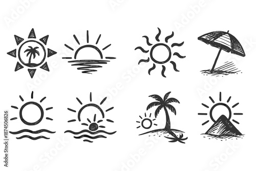 Beach and summer sketch icon set. Vacation, sun, beach, travel outline icons