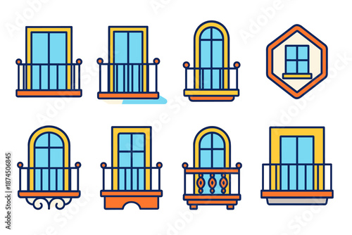 Balcony flat icon set. Charming balcony, architecture, exterior design icons collection