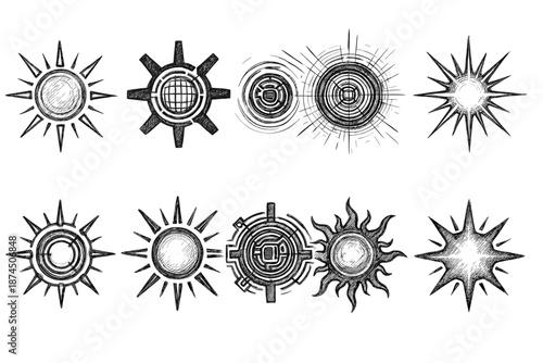 Steampunk mechanical outline icon set: futuristic gears, abstract sunburst symbols
